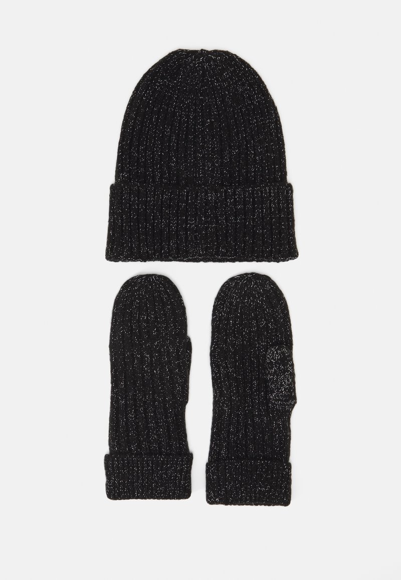 Black knit beanie and mittens set, featuring a ribbed texture and metallic thread accents. Gloves include a thumb hole design for added functionality.