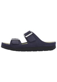 Dark blue suede sandal with two adjustable straps, silver hardware, and a black rubber sole. Features a comfortable footbed.