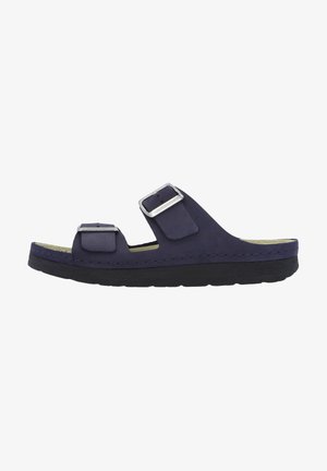 Dark blue suede sandal with two adjustable straps, silver hardware, and a black rubber sole. Features a comfortable footbed.