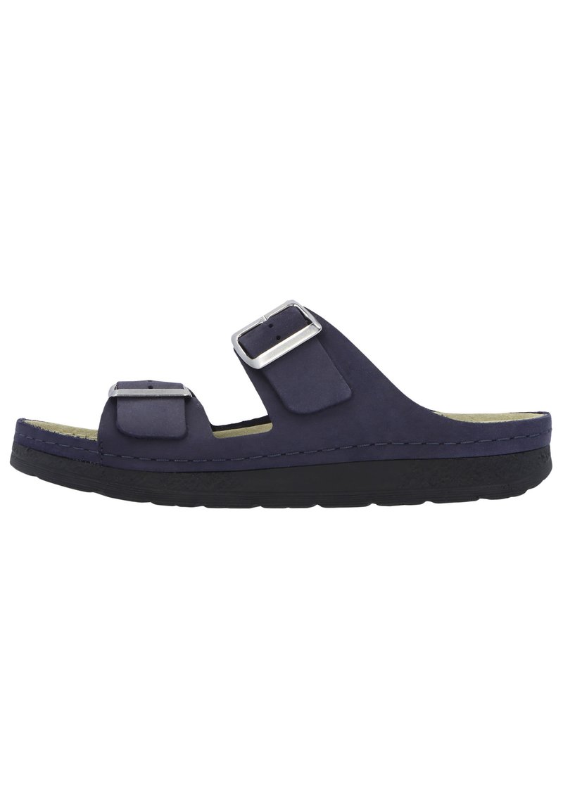 Dark blue suede sandal with two adjustable straps, silver hardware, and a black rubber sole. Features a comfortable footbed.