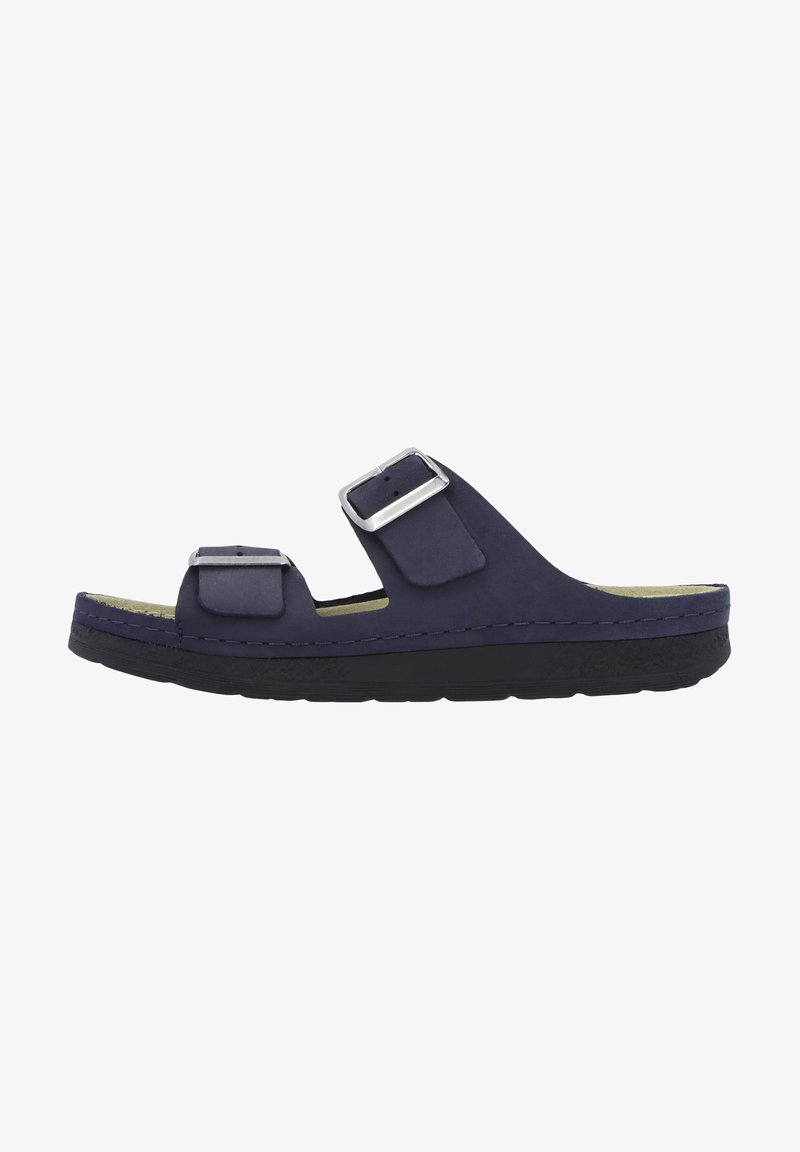 Dark blue suede sandal with two adjustable straps, silver hardware, and a black rubber sole. Features a comfortable footbed.
