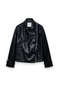 Schwarze Lederjacke mit doppelte Reihe von Knöpfen, großem Kragen und zwei vorderen Taschen. Verfügt über Knopfverschlüsse und Ärmelriemen.