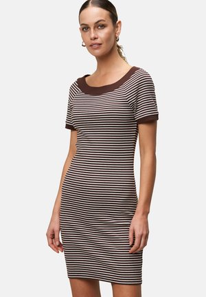 Brown and cream striped bodycon dress with short sleeves, a wide rounded neckline, and a fitted silhouette. Soft textile with ribbed texture.