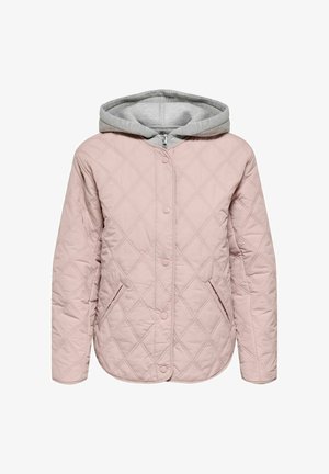 Svijetloružičasta prošivana jakna s sivom kapuljačom, opremljena kopčanjem na drukere, dva bočna džepa i uzorkom u obliku dijamanata na tkanini.