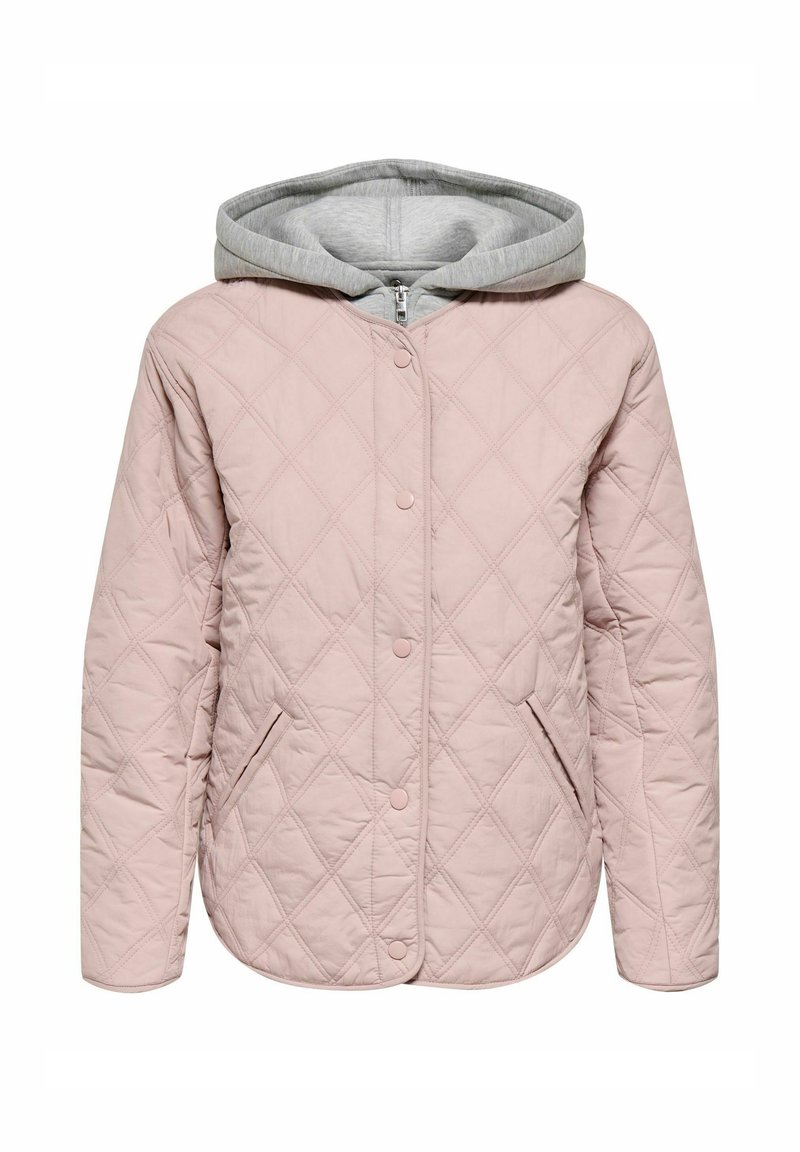 Veste matelassée rose clair avec une capuche grise, dotée d'une fermeture pression, de deux poches latérales et d'un motif en losange sur le tissu.