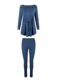 Completo da loungewear blu navy composto da una maglietta a maniche lunghe con bordo in pizzo e vita con coulisse, abbinato a leggings aderenti coordinati.