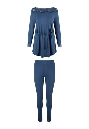 Marineblauw loungepak met een long-sleeve top met kantafwerking en een trekkoord in de taille, gecombineerd met bijpassende aansluitende leggings.