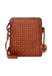 Borsa a tracolla in pelle intrecciata marrone con chiusura a zip, tracolla regolabile e etichetta decorativa con ancora. Superficie testurizzata con un motivo a griglia.