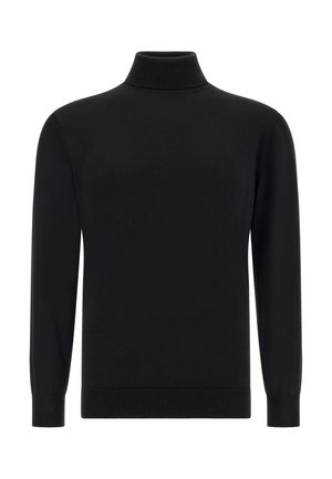 Suéter de cuello alto negro hecho de una tela suave y elástica. Presenta mangas largas y un dobladillo acanalado para un diseño ajustado.