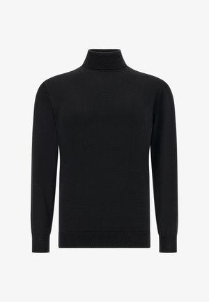 Črni turtleneck pulover, izdelan iz mehke, raztegljive tkanine. Ima dolge rokave in rebrast rob za prilega.