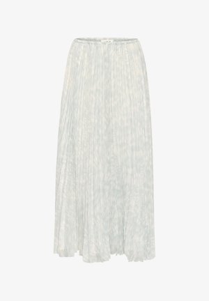 Jupe midi plissée en bleu clair avec un motif texturé et abstrait ; taille élastique. Fabriquée en tissu doux et léger.