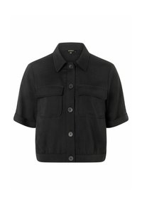Zwart kortodem shirt met een kraag, voorzien van twee borstzakken, een knoopsluiting en een relaxed fit met een licht gatherende zoom.