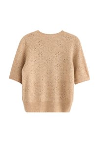 Maglione beige a maniche corte con texture a maglia aperta, dotato di scollo rotondo e orlo a coste. Design leggero e casual.