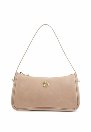 Beige suede shoulder bag with gold-tone double B logo and zipper closure, featuring a slim strap and structured rectangular shape.