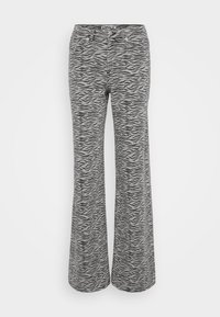 Gray zebra print flared jeans with a high waist, two front pockets, and a button closure. Fabric features a smooth texture.