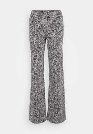 Gray zebra print flared jeans with a high waist, two front pockets, and a button closure. Fabric features a smooth texture.