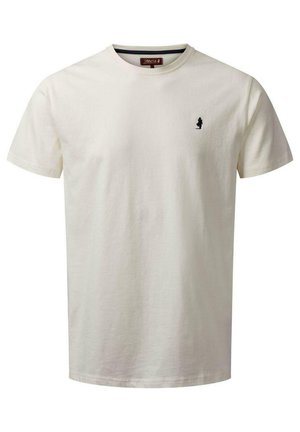 White cotton t-shirt with a crew neckline, short sleeves, and a small navy logo on the left chest. Smooth texture and relaxed fit.