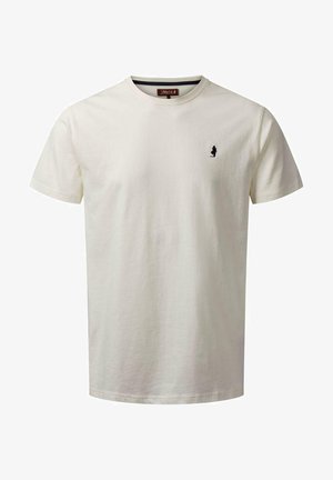 Tricou alb din bumbac cu guler rotund, mâneci scurte și un mic logo bleu închis pe partea stângă a pieptului. Textură netedă și croială lejeră.