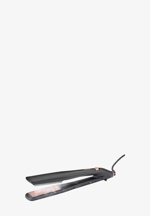 Black hair straightener with a sleek design, rose gold accents, comb attachment on one side, and illuminated controls on the handle.