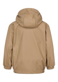 Beige wasserdichte Jacke mit Kapuze, elastischen Bündchen und glatter Oberfläche. Sie hat ein einfaches, einfarbiges Design ohne zusätzliche Details.