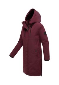 Bordeaux parka jas met capuchon, lange mouwen, rits- en drukknoopsluitingen, elastische manchetten en twee zijzakken. Bevat een gestructureerde stof.