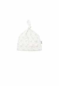 Weißer Baumwollhut mit einem Knoten oben, versehen mit einem sich wiederholenden Muster aus kleinen grauen Enten und Sternen. Weiches, schlichtes Design für Säuglinge.