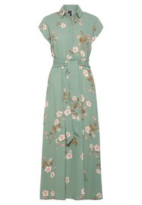 Robe florale verte avec un col de chemise, des manches courtes et une taille ceinturée. Présente un design fluide et des motifs de fleurs rose clair.