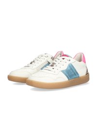 White leather sneakers with blue textured accents, pink heel tabs, and gum rubber soles. Features lace-up design and contrast stitching.