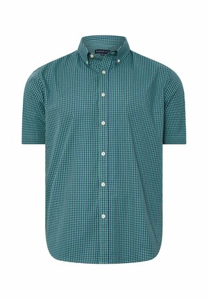 Kortærmet, grøn og blå gingham ternet skjorte med knapper og knaplukket krave i størrelse XL.