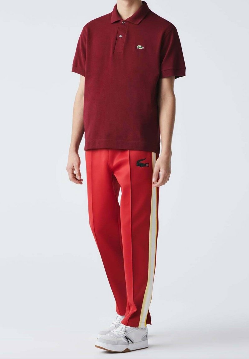 Polo bourgogne avec col, associé à un pantalon rouge vif avec des bandes latérales et un logo noir. Des baskets blanches complètent la tenue.