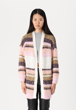 Cardigan lavorato a maglia con strisce rosa, bianche, marroni e viola. Design con fronte aperto, maniche lunghe, tessuto testurizzato.