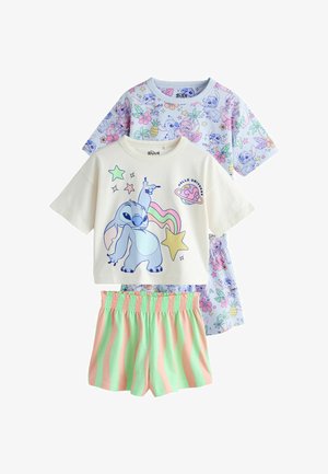 Twee sets kinderpyjama's: één met pastelkleurige cartoonfiguren en tropische patronen, de andere wit met een blauw cartoonfiguur en gestreepte korte broek.