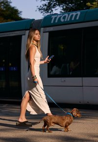 Žena u bež haljini s bočnim rasporama šeta smešnim dobermanom na plavoj uzici pored zelene tramvajske pruge na suncu. Drži telefon.