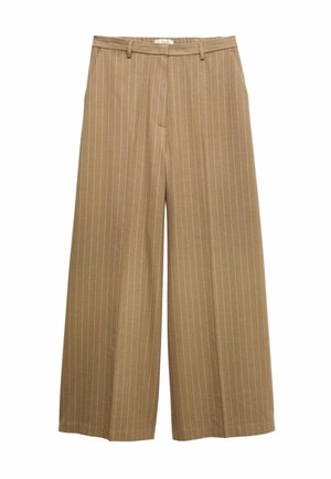 Bruine wijde broek met lichtblauwe krijtstrepen, met een gladde textuur, een getailleerde tailleband en twee voorzakken.