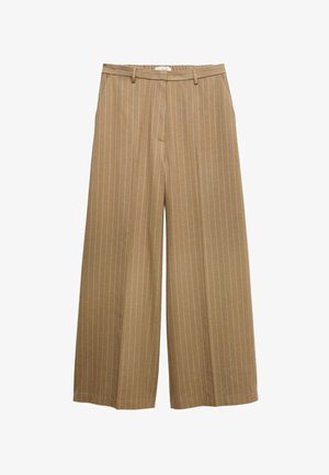 Bruine wijde broek met lichtblauwe krijtstrepen, met een gladde textuur, een getailleerde tailleband en twee voorzakken.