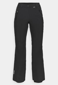 Pantalon d'extérieur noir avec poches zippées à l'avant, fermeture par bouton et zip, et jambes légèrement évasées, adapté pour l'hiver ou les activités de randonnée.