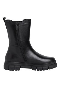 Black ankle boot made of smooth synthetic leather with a side zipper, rounded toe, and a chunky rubber sole for traction.