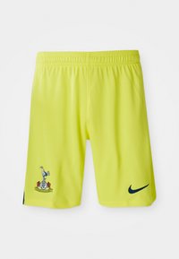 Neon gul Nike shorts med elastisk talje, med et blåt logo på venstre ben og klubemblem på højre, mesh tekstur.