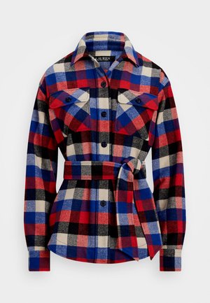 Rot, blau und schwarz karierte Flanellhemd mit Kragen, geknöpftem Vorderteil, zwei Brusttaschen und einem abnehmbaren Gürtel in der Taille.