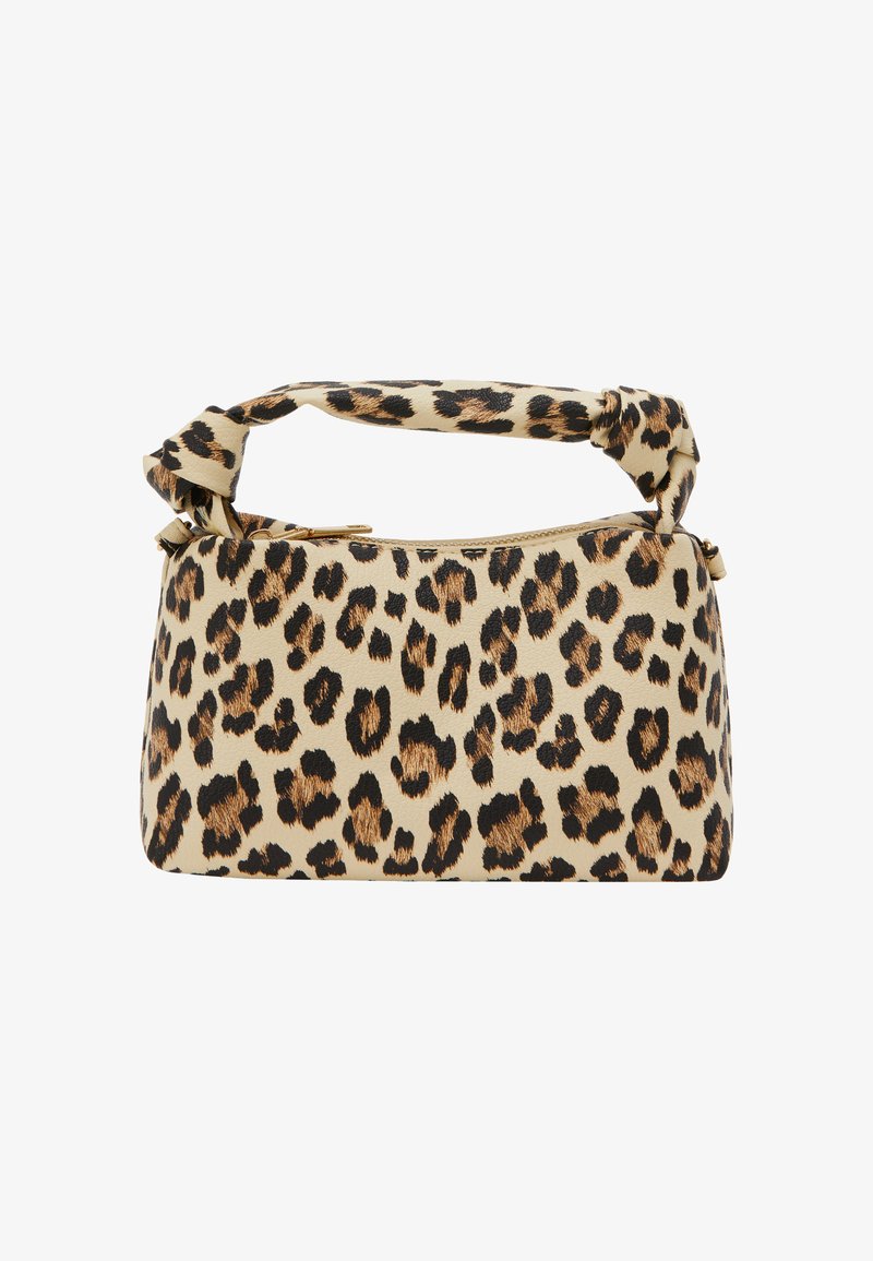 Handtasche im Leopardenmuster mit strukturiertem Shape, ausgestattet mit einem geknoteten Tragegurt, glatter Textur und einem Reißverschluss. Das Material ist synthetisch.