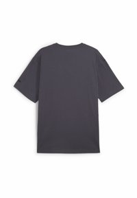 Donkergrijze katoenen T-shirt met korte mouwen, ronde hals en een ontspannen pasvorm. Bevat een label op de linkermouw met een logo. Eenvoudig ontwerp.