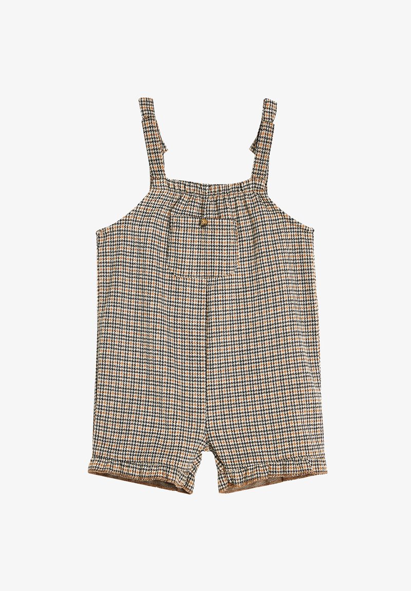 Salopette a quadri marrone con spalline regolabili, corpetto arricciato, tasca frontale e dettaglio con un solo bottone. Realizzata in tessuto morbido e testurizzato.