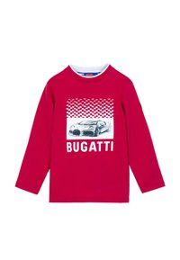 Maglietta rossa a maniche lunghe con grafica bianca del Bugatti e motivo a scacchi sopra il logo, realizzata in cotone con colletto tondo.
