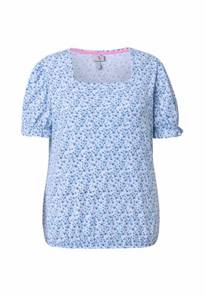 Blouse bleu clair avec petit imprimé floral bleu foncé, encolure carrée, manches courtes bouffantes et ourlet ainsi que poignets de manches élastiqués.
