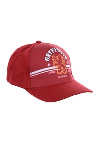Rote Baseballmütze aus Stoff mit einem Gryffindor-Logo, einem Löwengrafik und den Worten "COURAGE" und "DETERMINATION" in Weiß.