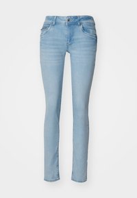 Světle modré skinny džíny z denimu, které mají pět kapes, zapínání na knoflík a zip a mírně vybledlý vzhled.