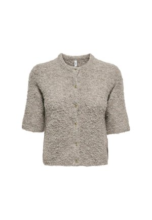 Cardigan à manches courtes en tissu texturé gris clair avec une coupe légèrement ample, doté de boutons dorés sur le devant et d'un col rond.