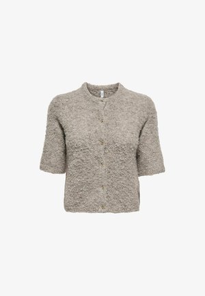 Kratka cardigan s kratkimi rokavi v svetlo sivi teksturirani tkanini z rahlo ohlapnim fitom, z zlatimi gumbi spredaj in okroglim ovratnikom.