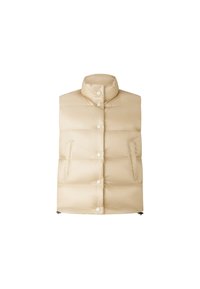 Beige Steppweste, ärmelloses Design, hoher Kragen, Vorderseite mit Druckknöpfen, zwei Seitentaschen, glatte Textur und isolierte Polsterung.