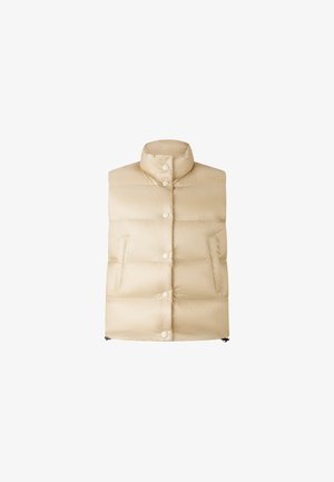 Beige puffer vest, sleeveless design, high collar, front snap buttons, two side pockets, smooth texture, and insulated padding.